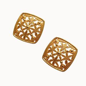 Vintage Gold-Tone Filigree Floral Square Earrings